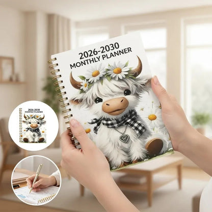 2026–2030 Five-Year Monthly Planner – Highland Cow Spiral Organizer for Home, Work & Important Dates