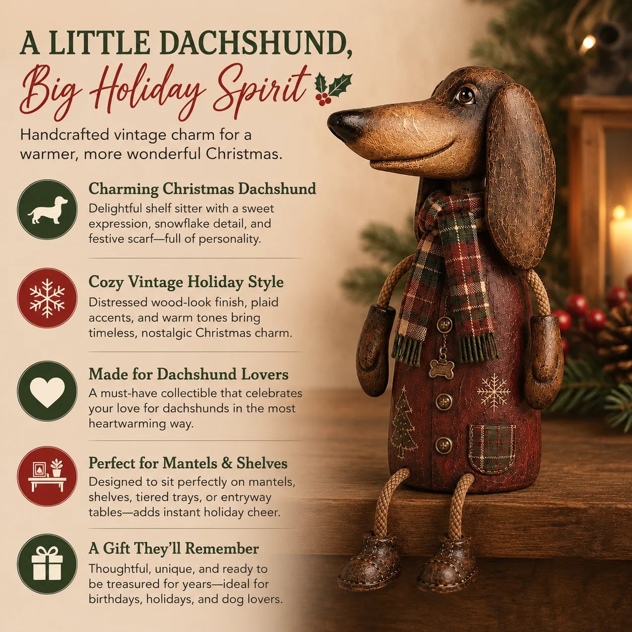 🔥Hot Sale - 50% OFF🔥🐶🎄 Vintage Christmas Dachshund Shelf Sitter