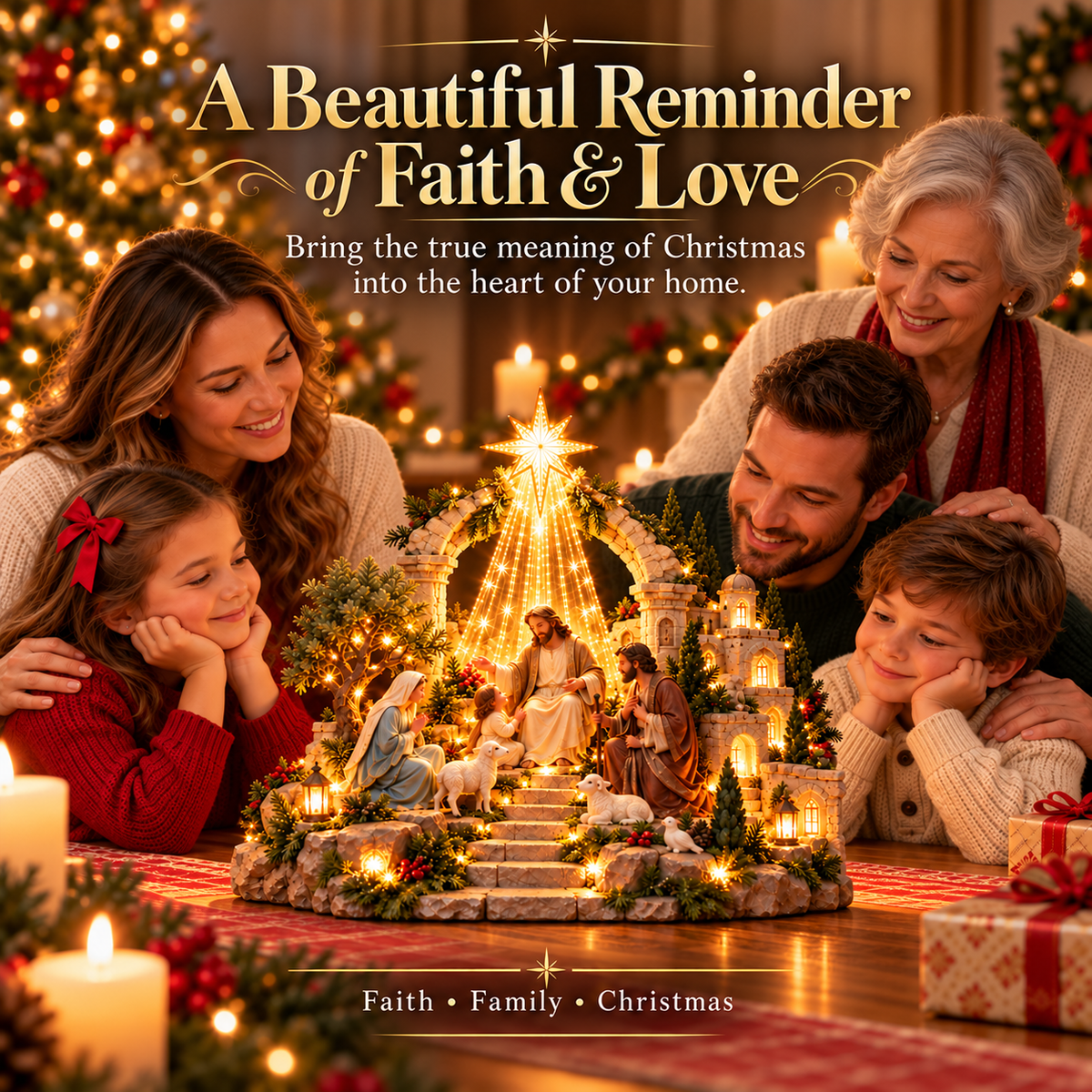 Family gathering around Bethlehem's Blessing Christmas display