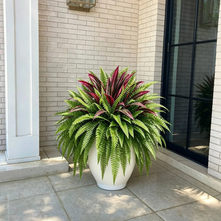 Lifelike Artificial Fern & Red Dracaena – UV-Resistant Outdoor Greenery