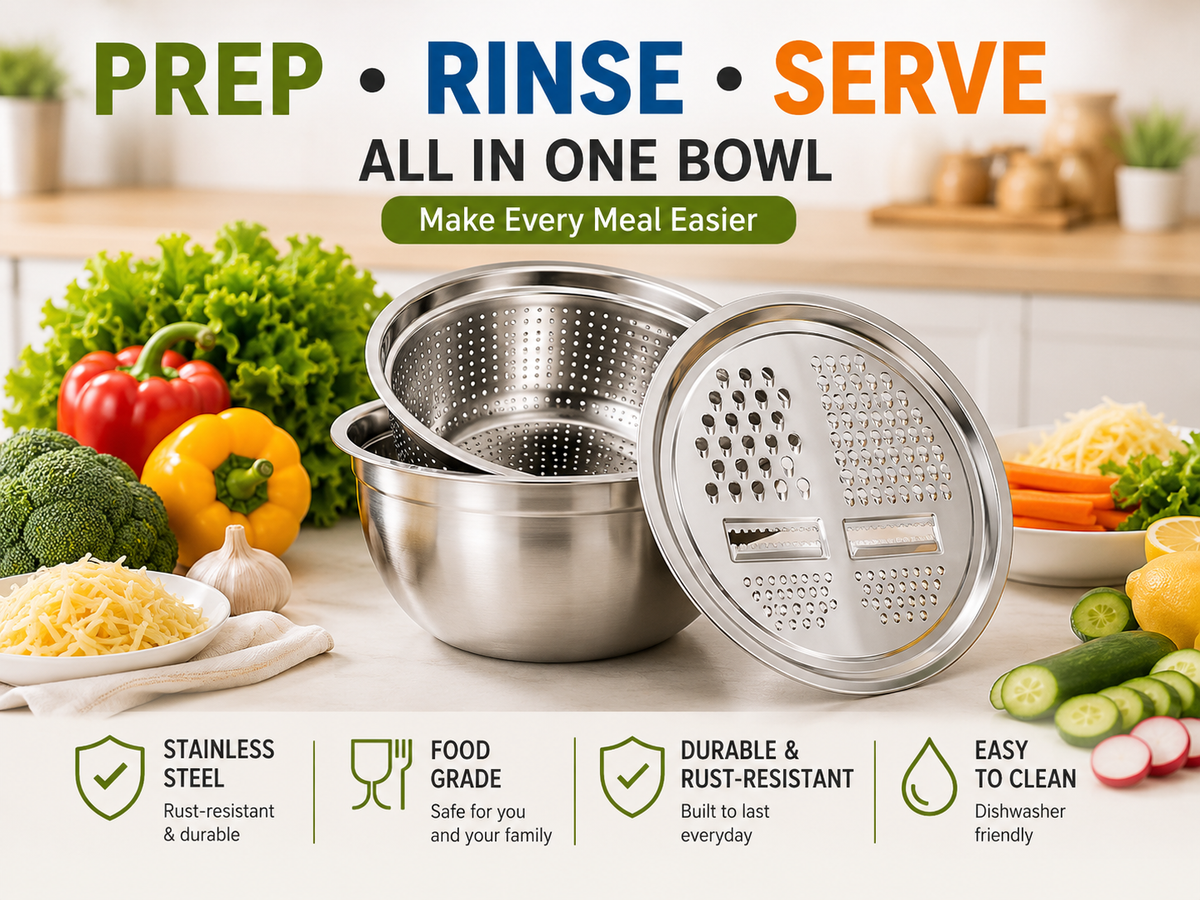 🥗 3-in-1 Stainless Steel Prep Bowl Set – Grate, Rinse, Mix & Serve