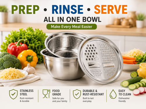 🥗 3-in-1 Stainless Steel Prep Bowl Set – Grate, Rinse, Mix & Serve