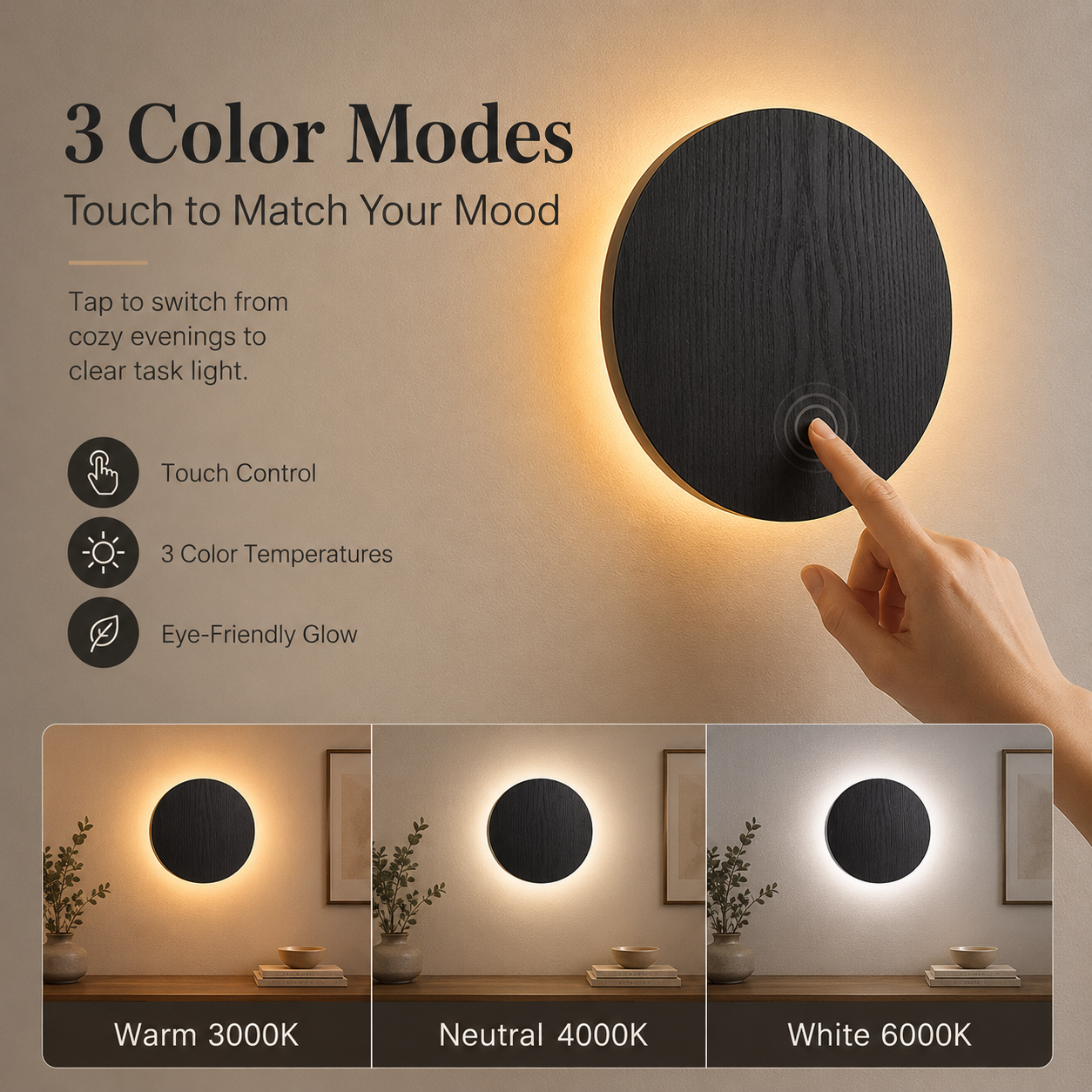Minimalist Round LED Touch Sconce | 3 Color Modes