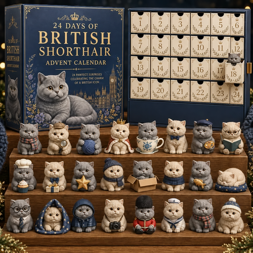 🎄✨3D Sculpted British Shorthair Blind Box – 24-Day Festive Countdown, Collectible Miniatures – Gift for Cat Lovers