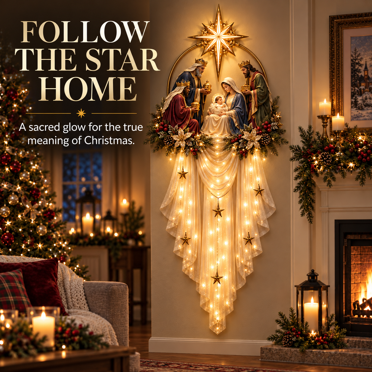 Bethlehem Magi Blessing Wall Light glowing in a Christmas living room