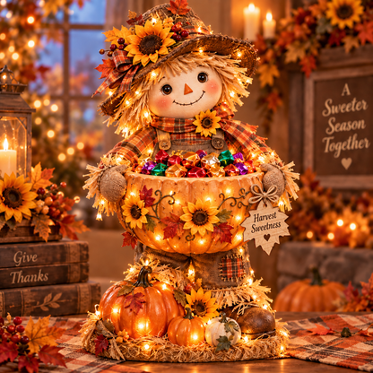 🍂 Harvest Buddy™ – Lighted Scarecrow Candy Bowl & Thanksgiving Centerpiece