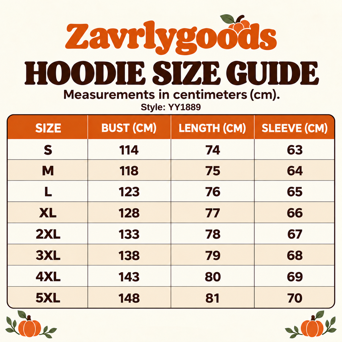 Zavrlygoods pumpkin baby carrier hoodie size guide S to 5XL