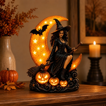 🔥🎃60% OFF Lighted Witch on Crescent Moon with Pumpkins LED Halloween Tabletop Lamp