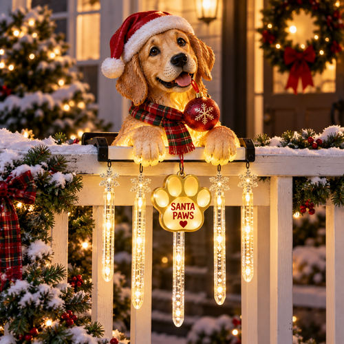 🐾 Santa Paws Christmas Porch Glow – Lighted Dog Railing Decor 🎄✨