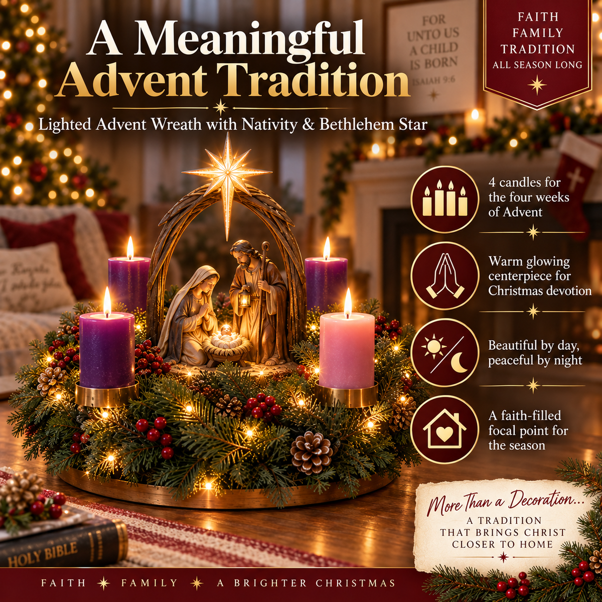 Lighted Nativity Advent Wreath with Bethlehem Star