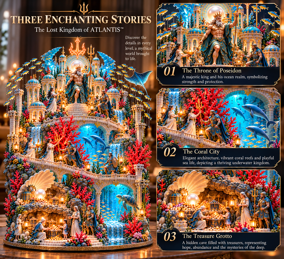 Three legendary Atlantis story scenes