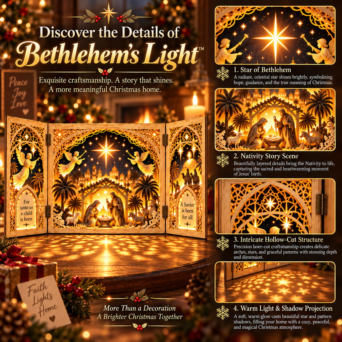 🎄✝️ Bethlehem's Light™ – 3D Lighted Nativity Storybook | Foldable Christmas Shadow Lamp ✨