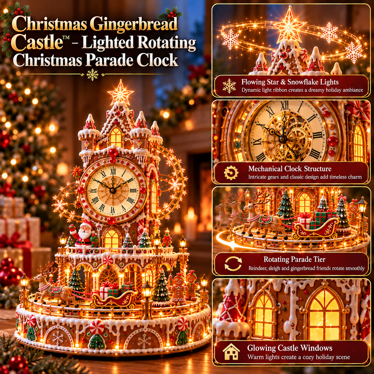Rotating parade tier and illuminated Christmas clock details