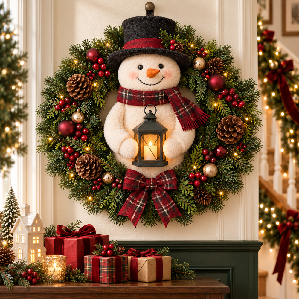 Snowman wreath displayed on an entryway wall above a console with wrapped Christmas gifts