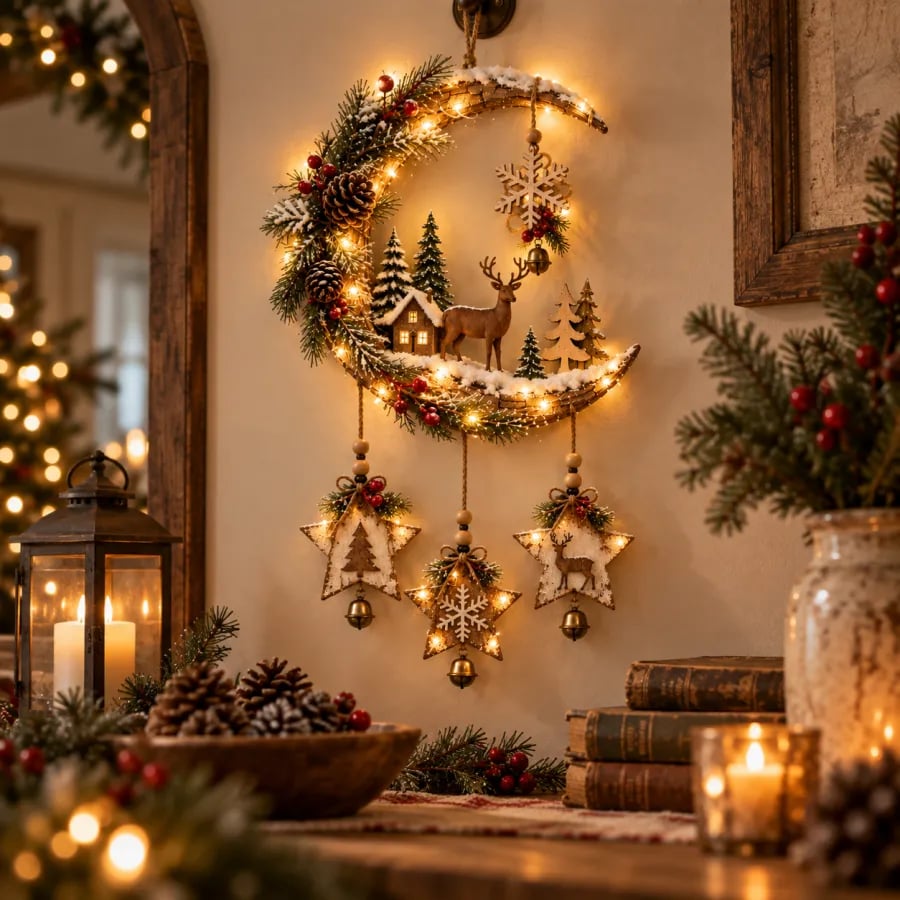 🌙🦌Lighted Rustic Christmas Crescent Moon Wall Decor