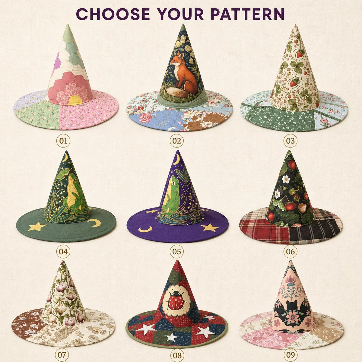🧙‍♀️ ✨ Quilted Patchwork Witch Hat – Choose Your Magical Pattern