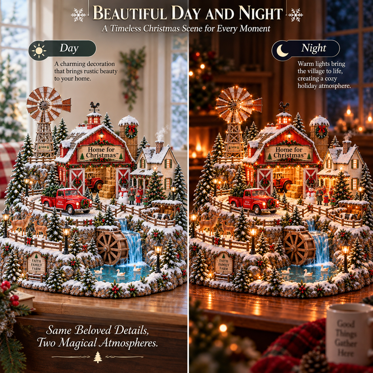 Christmas farm village day and night comparison