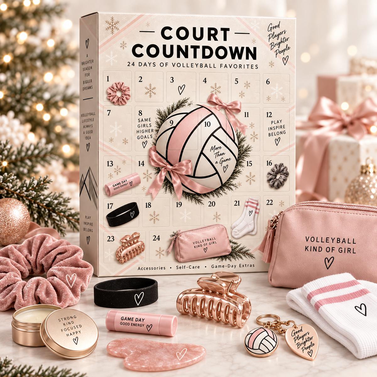 Court Countdown with volleyball inspired accessories and self care items