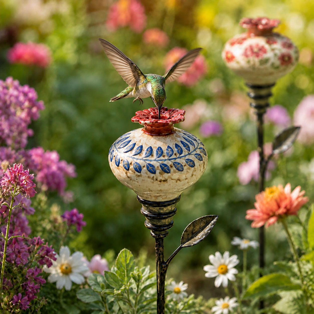 Retro hummingbird feeder garden pole