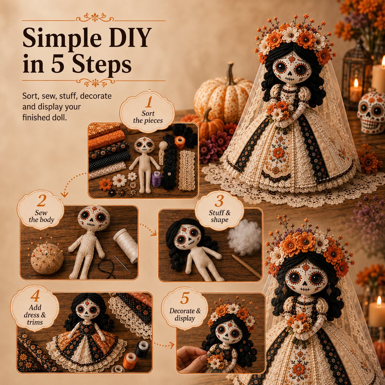 🎃 Day of the Dead Patchwork Doll DIY Sewing Kit – Handmade Fabric Doll Making Kit with Floral Details