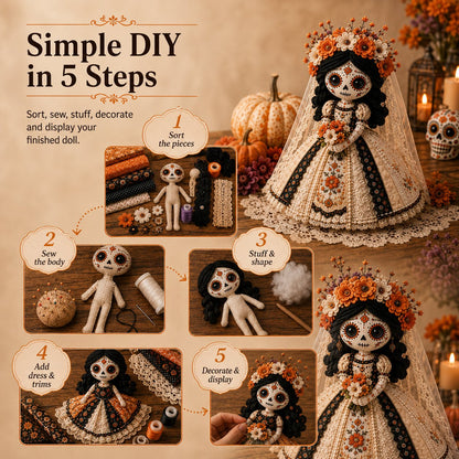 🎃 Day of the Dead Patchwork Doll DIY Sewing Kit – Handmade Fabric Doll Making Kit with Floral Details