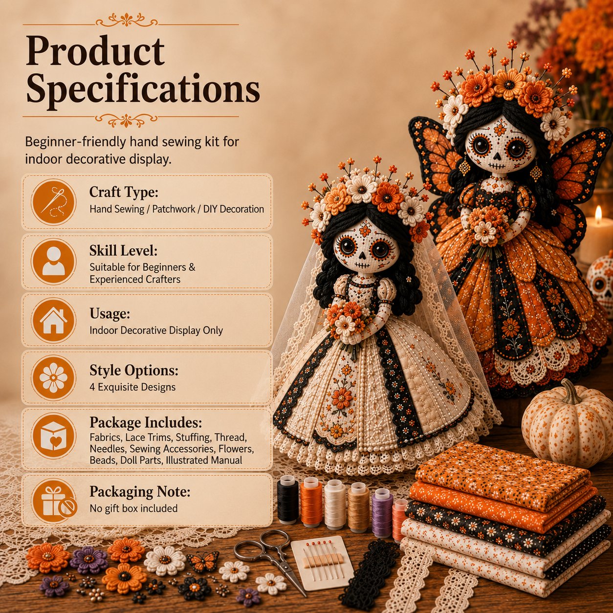 🎃 Day of the Dead Patchwork Doll DIY Sewing Kit – Handmade Fabric Doll Making Kit with Floral Details