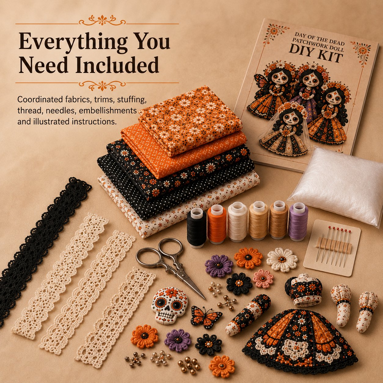 🎃 Day of the Dead Patchwork Doll DIY Sewing Kit – Handmade Fabric Doll Making Kit with Floral Details
