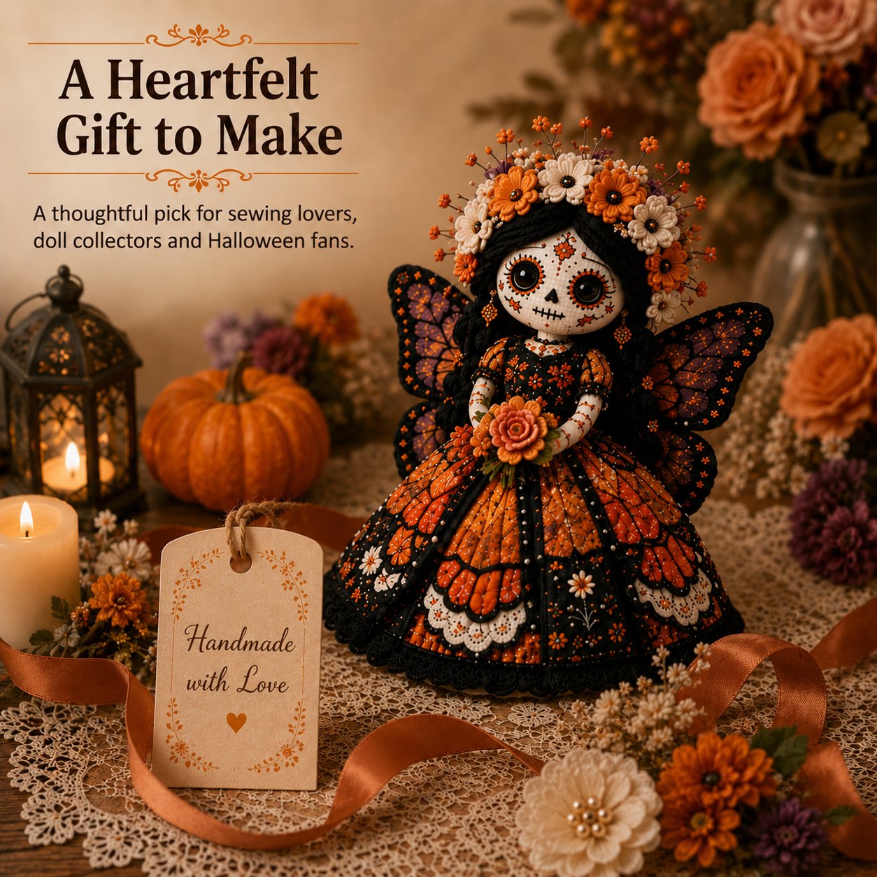 🎃 Day of the Dead Patchwork Doll DIY Sewing Kit – Handmade Fabric Doll Making Kit with Floral Details