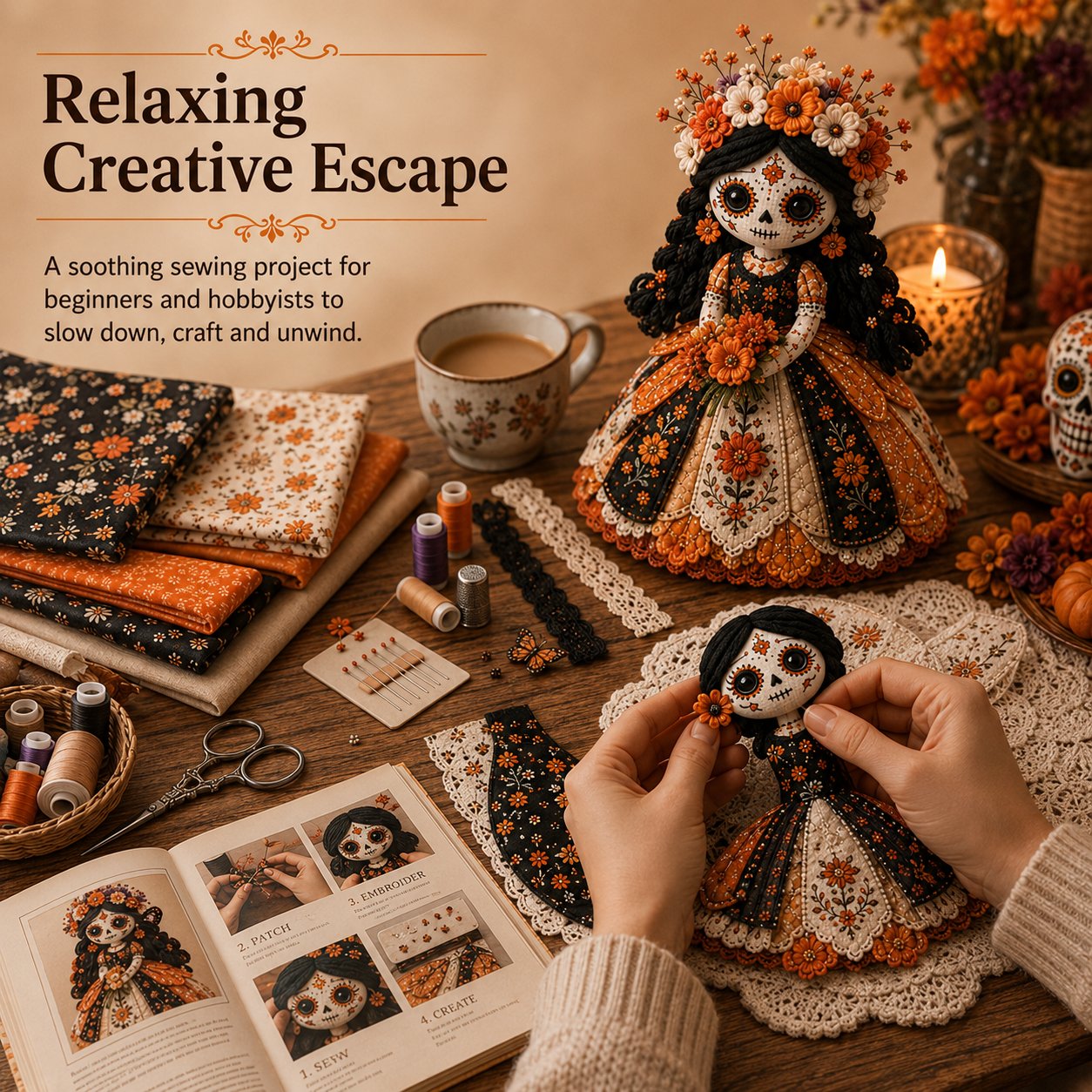 🎃 Day of the Dead Patchwork Doll DIY Sewing Kit – Handmade Fabric Doll Making Kit with Floral Details