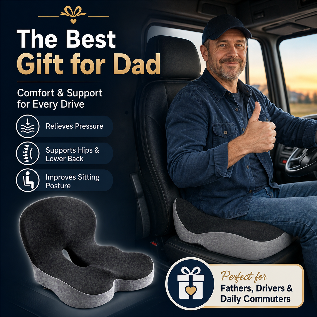 Memory Foam Seat Cushion – Non-Slip, Deep Seat, Back Support & Removable Cover