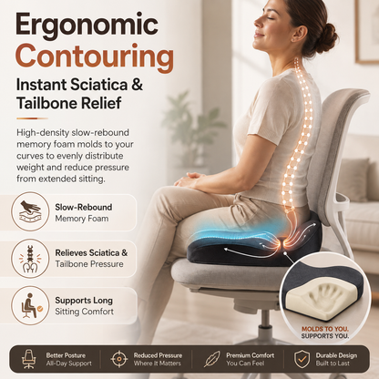Memory Foam Seat Cushion – Non-Slip, Deep Seat, Back Support & Removable Cover