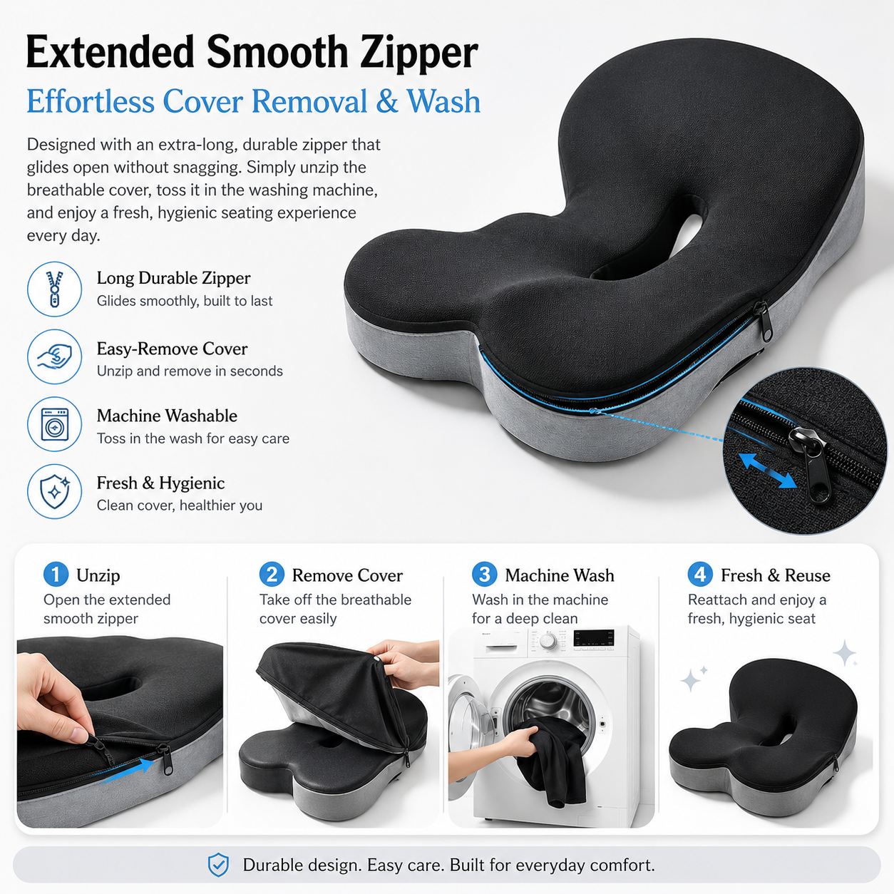 Memory Foam Seat Cushion – Non-Slip, Deep Seat, Back Support & Removable Cover