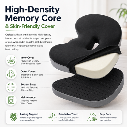Memory Foam Seat Cushion – Non-Slip, Deep Seat, Back Support & Removable Cover