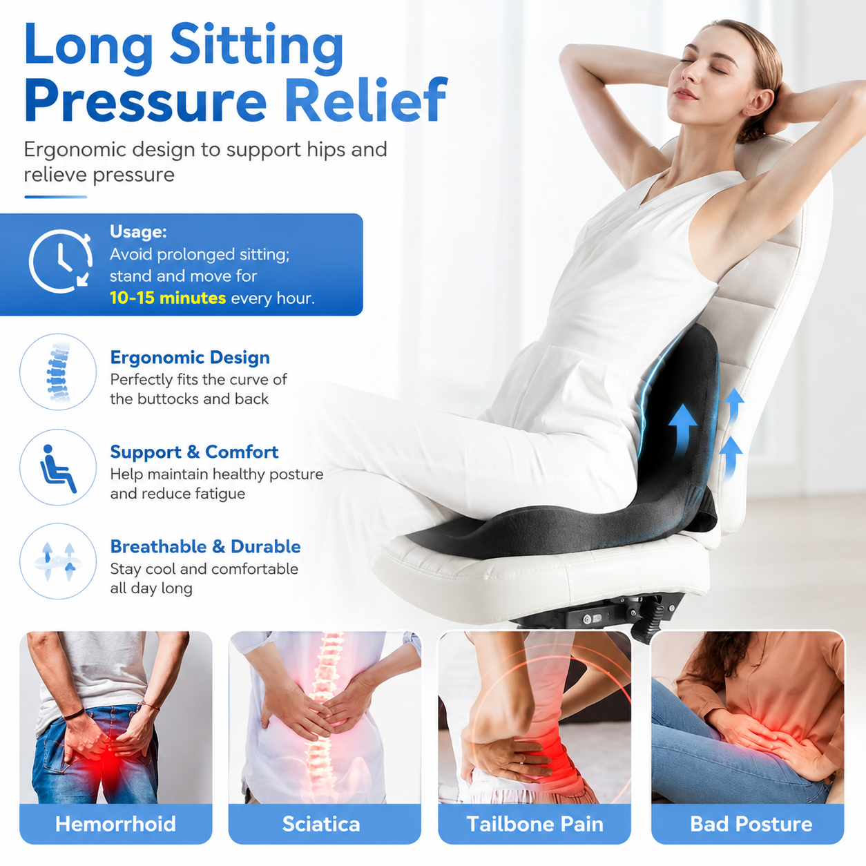 Memory Foam Seat Cushion – Non-Slip, Deep Seat, Back Support & Removable Cover