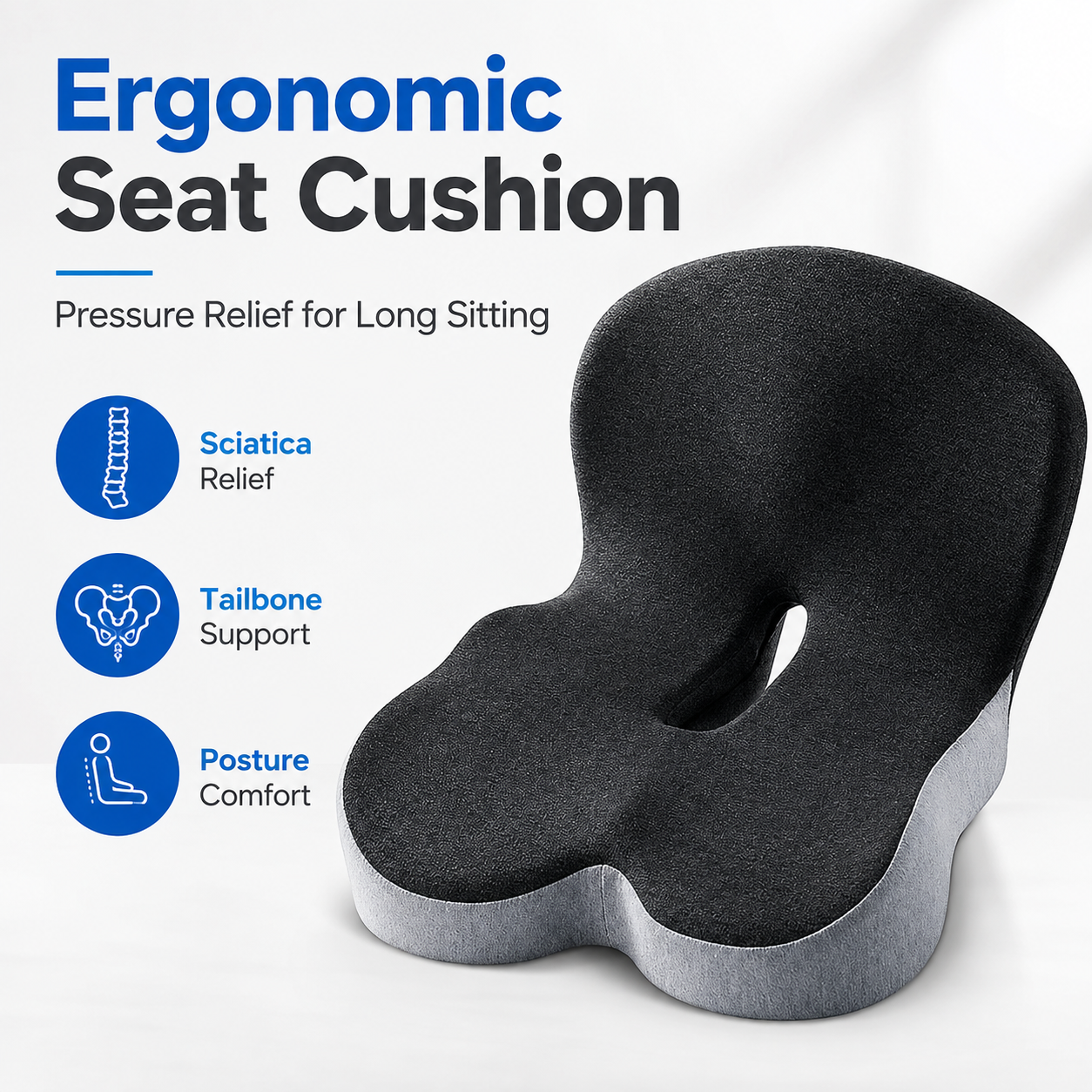 Memory Foam Seat Cushion – Non-Slip, Deep Seat, Back Support & Removable Cover