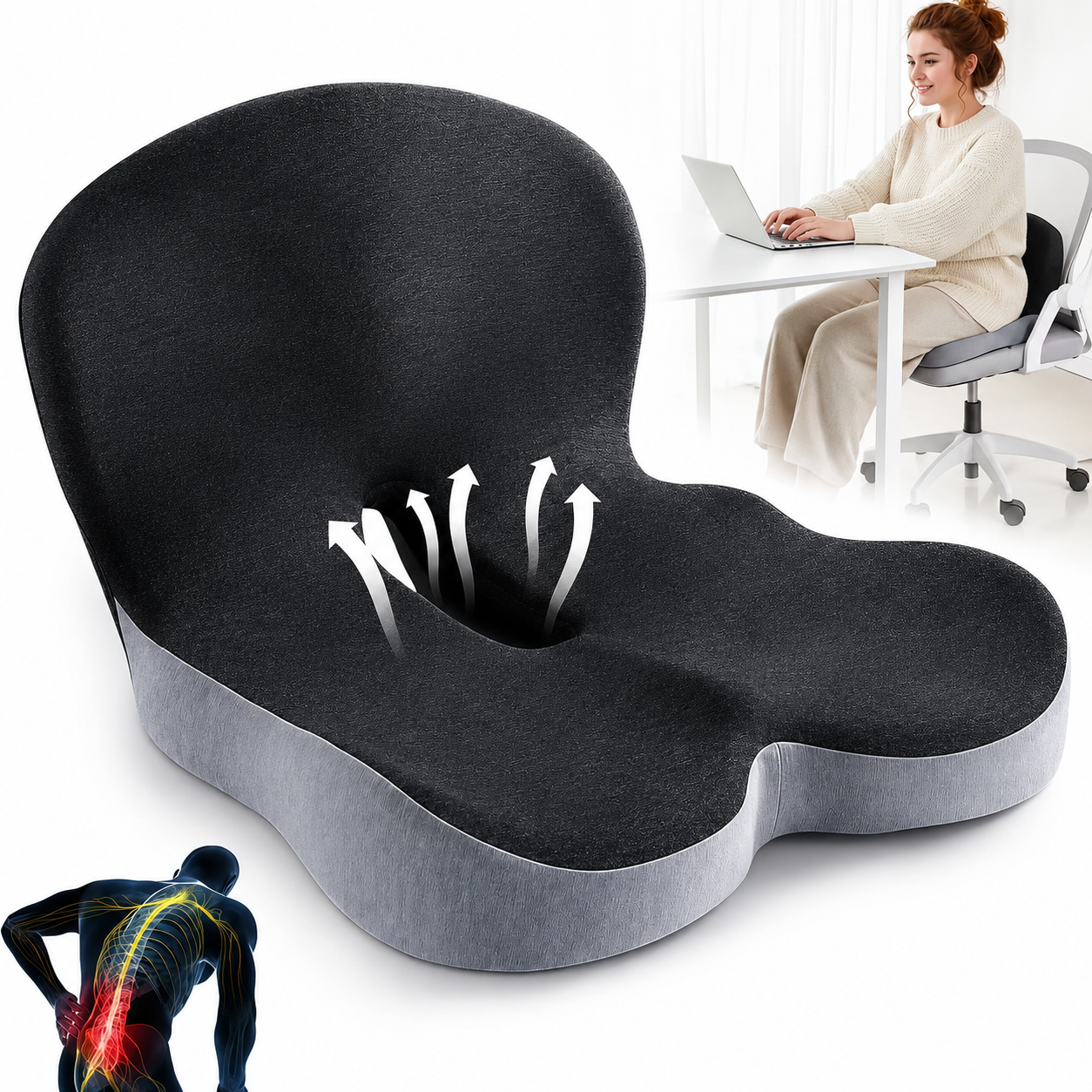 Memory Foam Seat Cushion – Non-Slip, Deep Seat, Back Support & Removable Cover