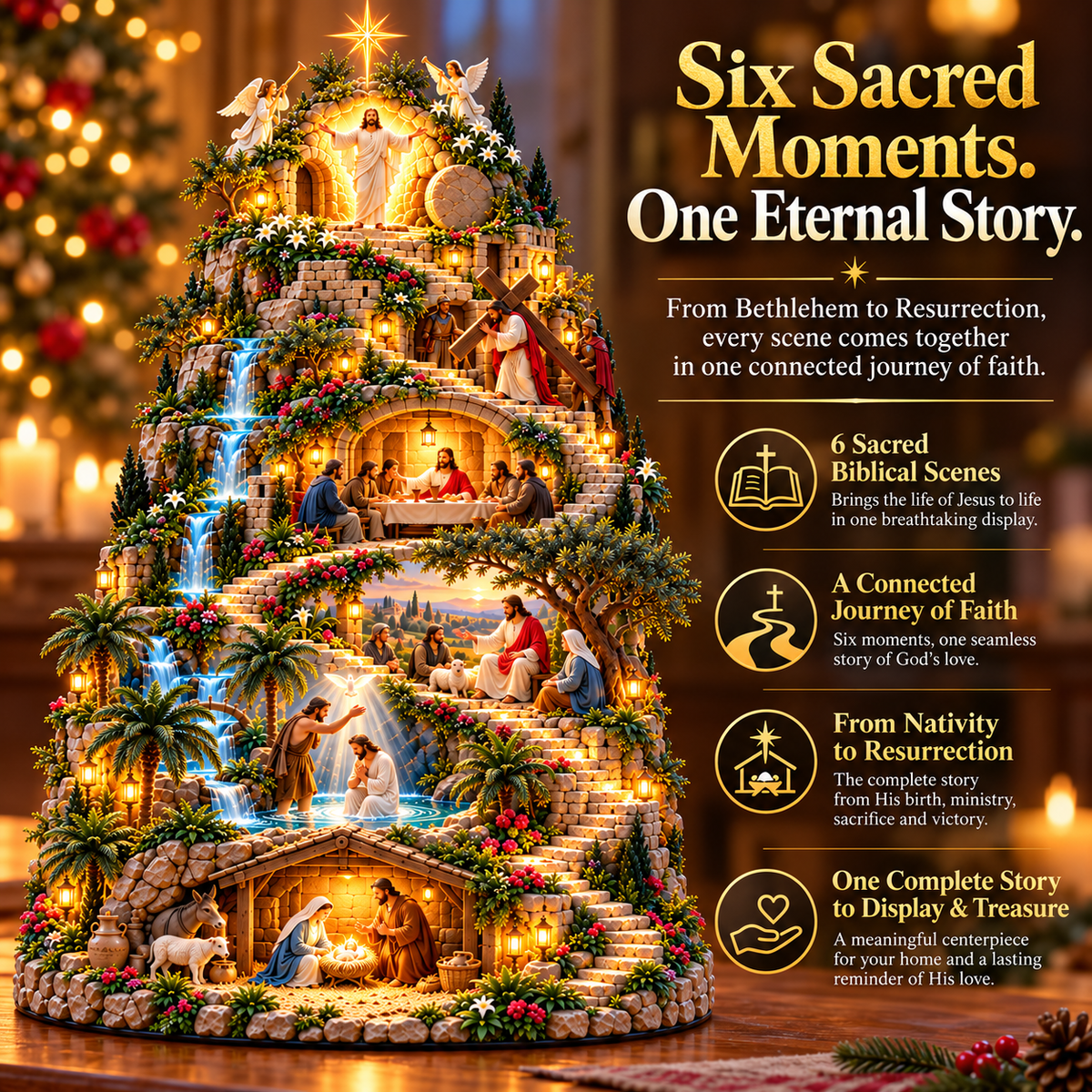 ✝️ The Journey of Faith™ – Lighted 3D Jesus Life Story Mountain with 6 Sacred Biblical Scenes