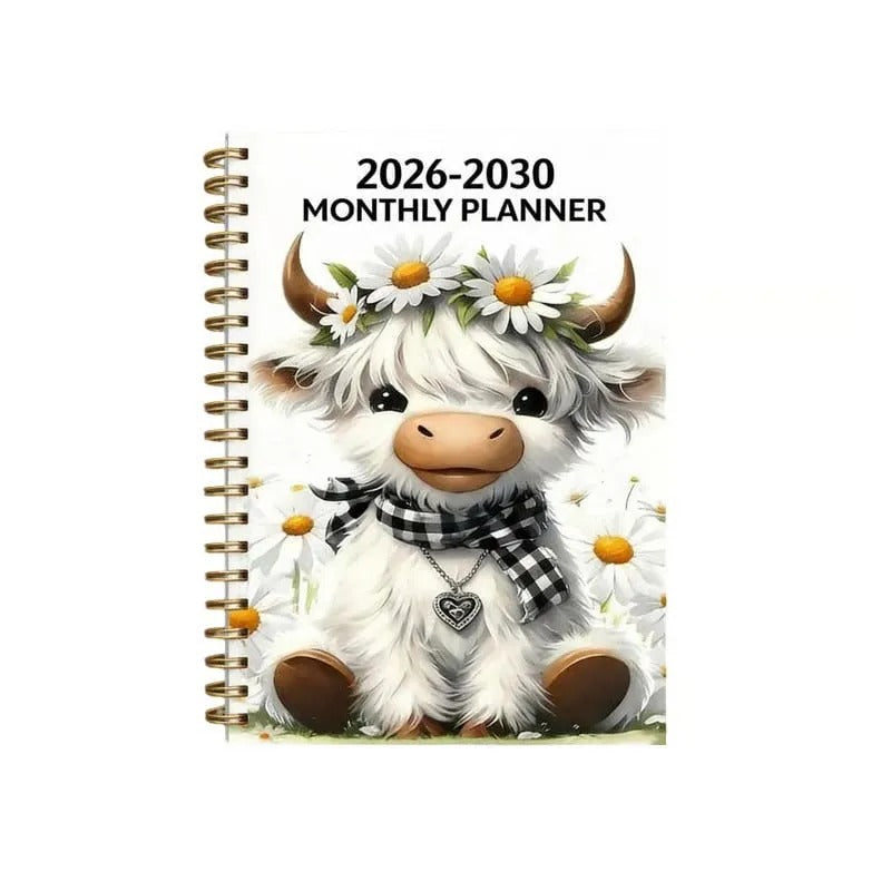 2026–2030 Five-Year Monthly Planner – Highland Cow Spiral Organizer for Home, Work & Important Dates