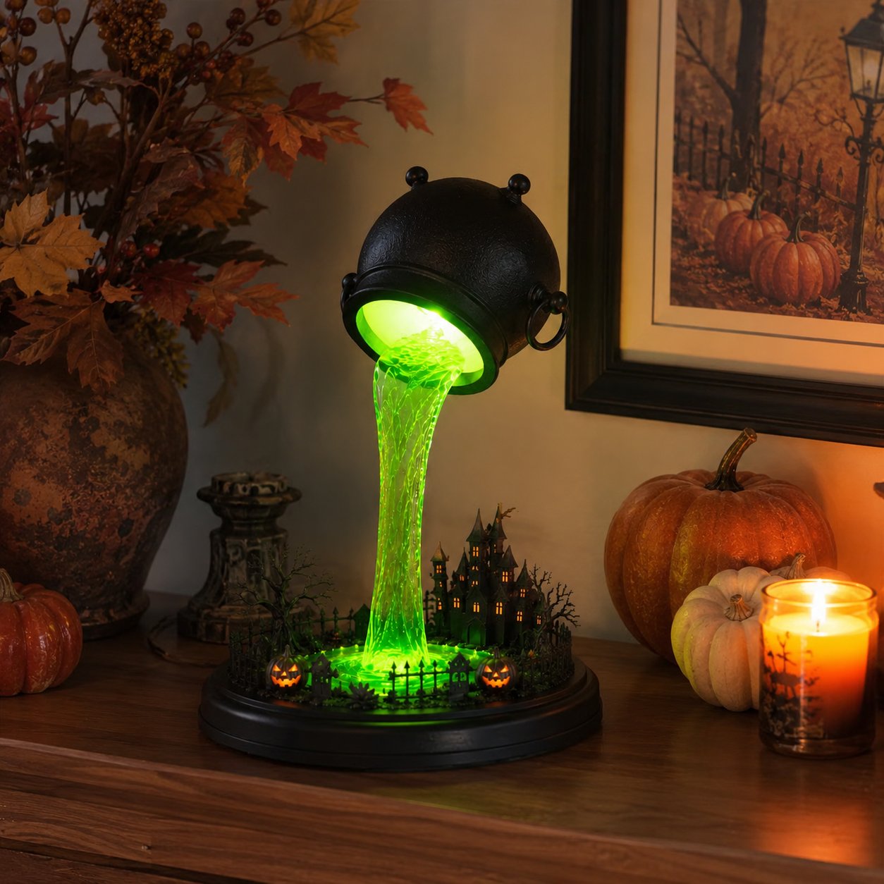 🔥 LAST DAY 49% OFF – 🧙‍♀️ Glowing Witch Cauldron Desk Lamp | Spilling Green Magic Light with Haunted Castle, Pumpkins & Gothic Halloween Vibes 🧪✨