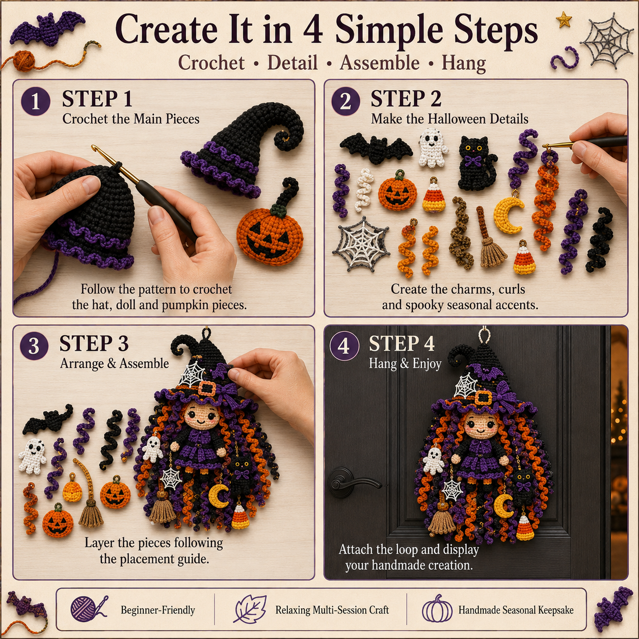 Four steps to create the Halloween crochet door hanger