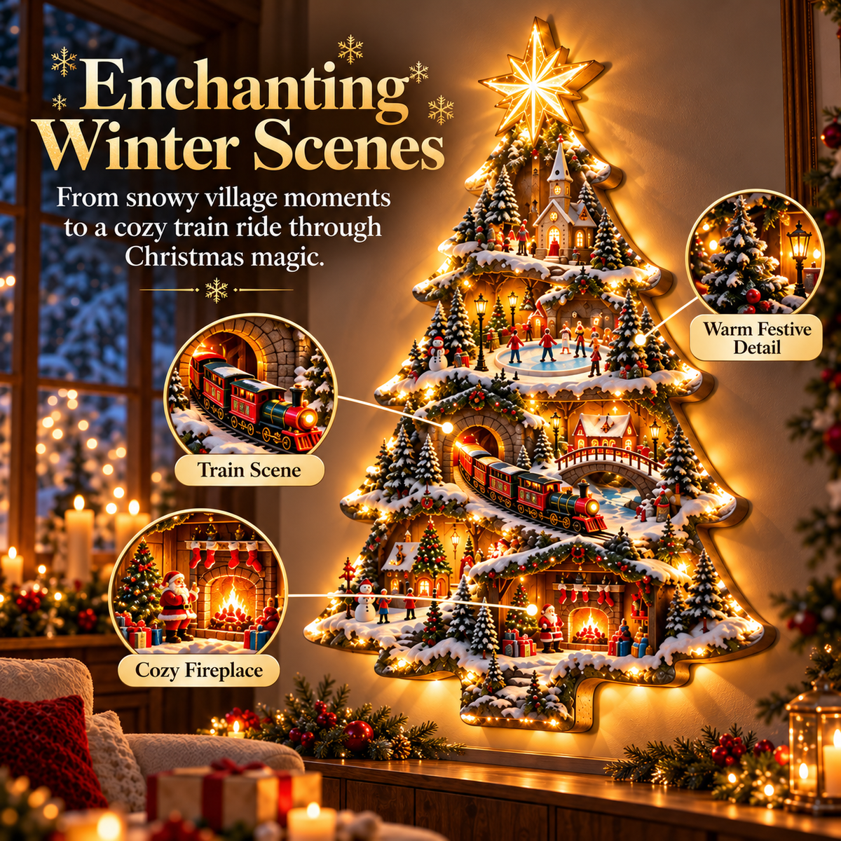 Woman admiring Christmas tree village wall art