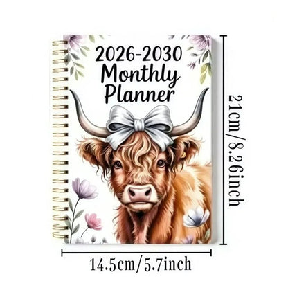 2026–2030 Five-Year Monthly Planner – Highland Cow Spiral Organizer for Home, Work & Important Dates