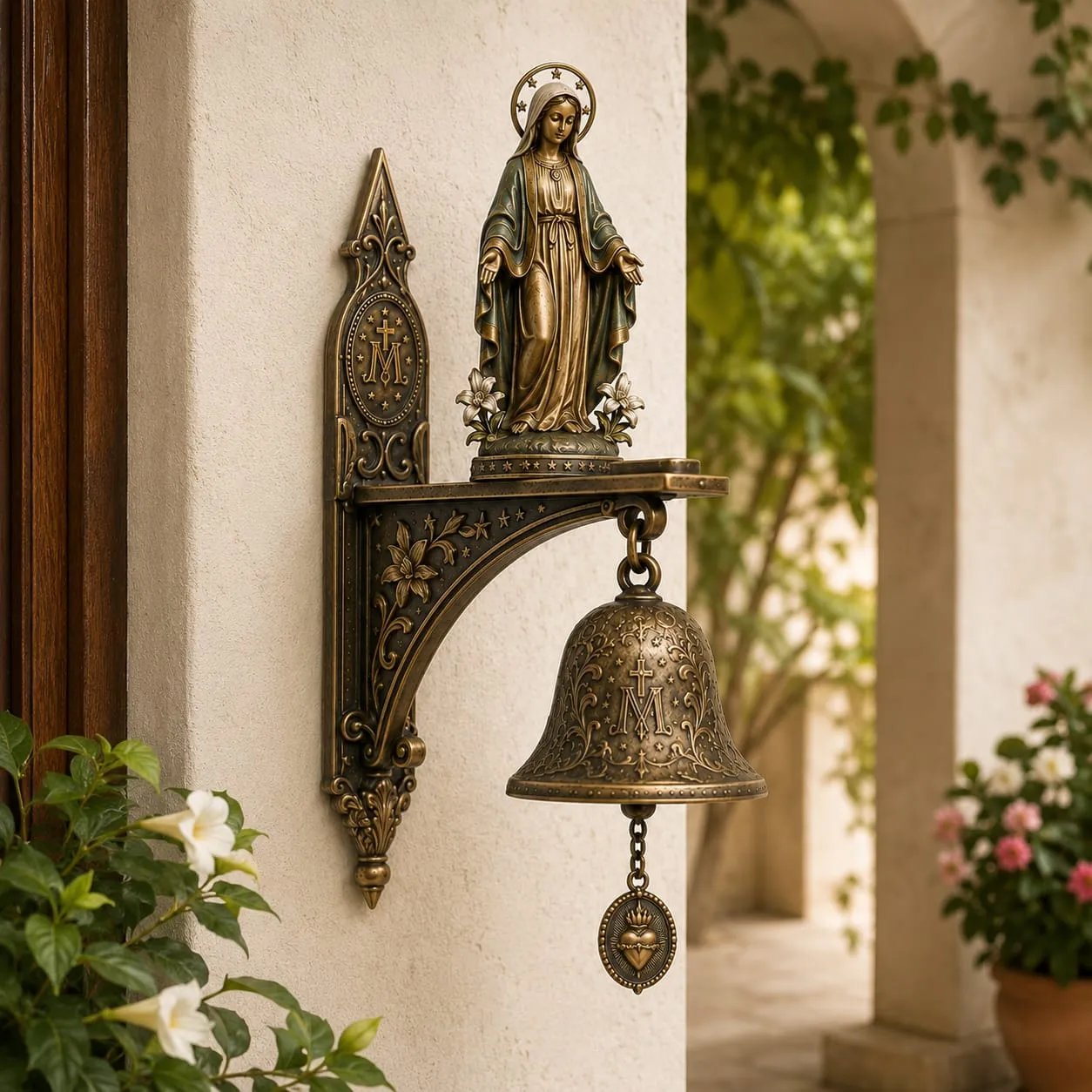 ✨Our Lady of Grace Bronze Miraculous Medal Wall Bell | 🙏Catholic Religious Home & Garden Decor"