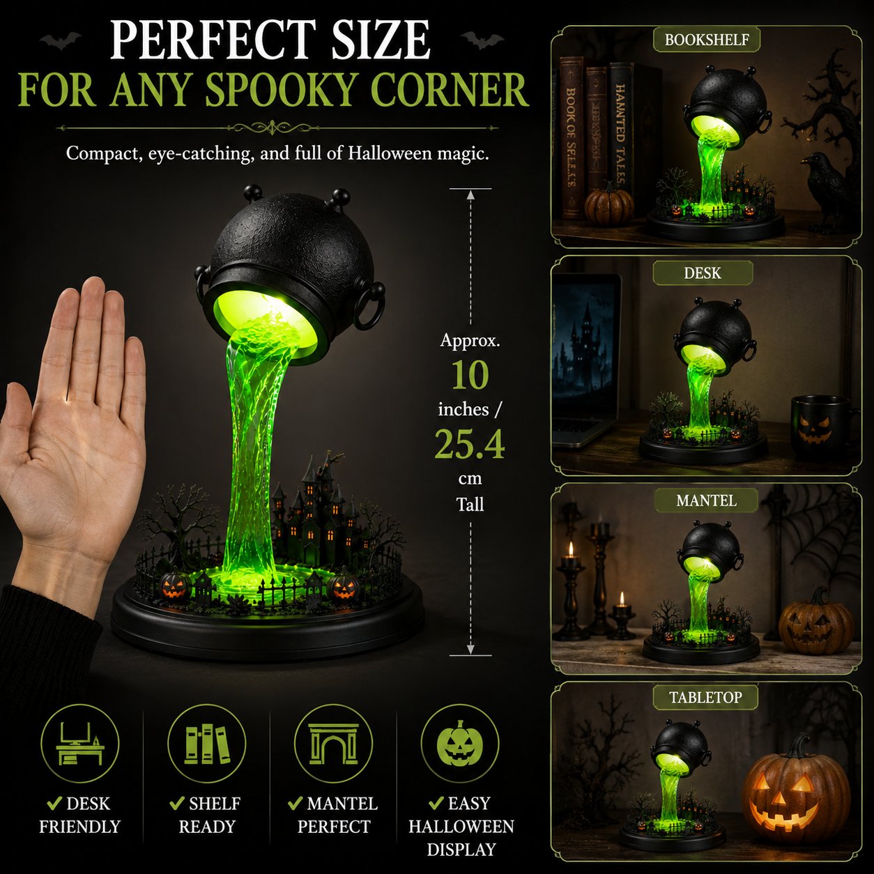 🔥 LAST DAY 49% OFF – 🧙‍♀️ Glowing Witch Cauldron Desk Lamp | Spilling Green Magic Light with Haunted Castle, Pumpkins & Gothic Halloween Vibes 🧪✨