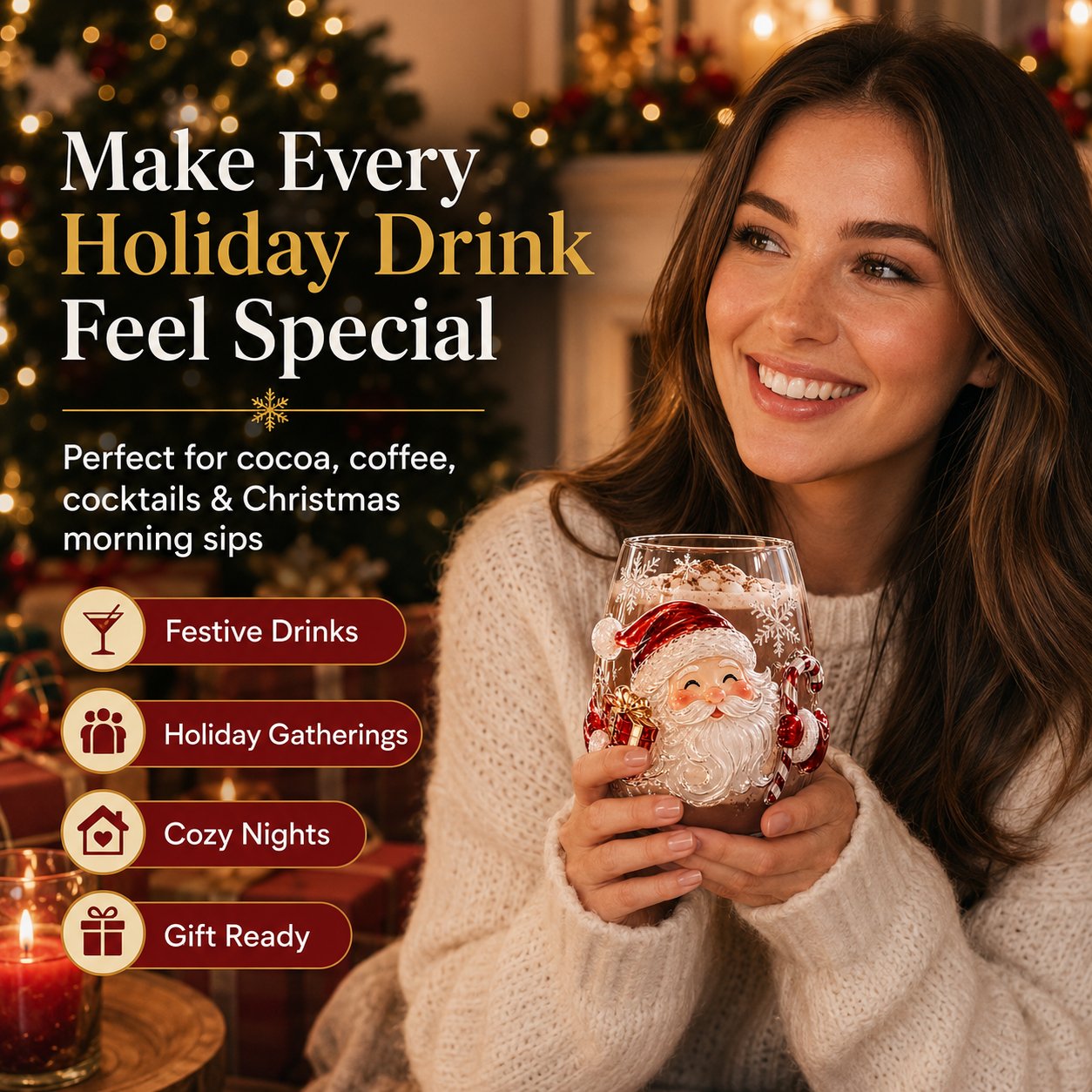 ✨🎅 LAST DAY 49% OFF –🎄 ✨ Magical Christmas 3D Glass Cup | Raised Festive Artwork, Sparkling Details & Holiday Gift Drinkware 🎅💎