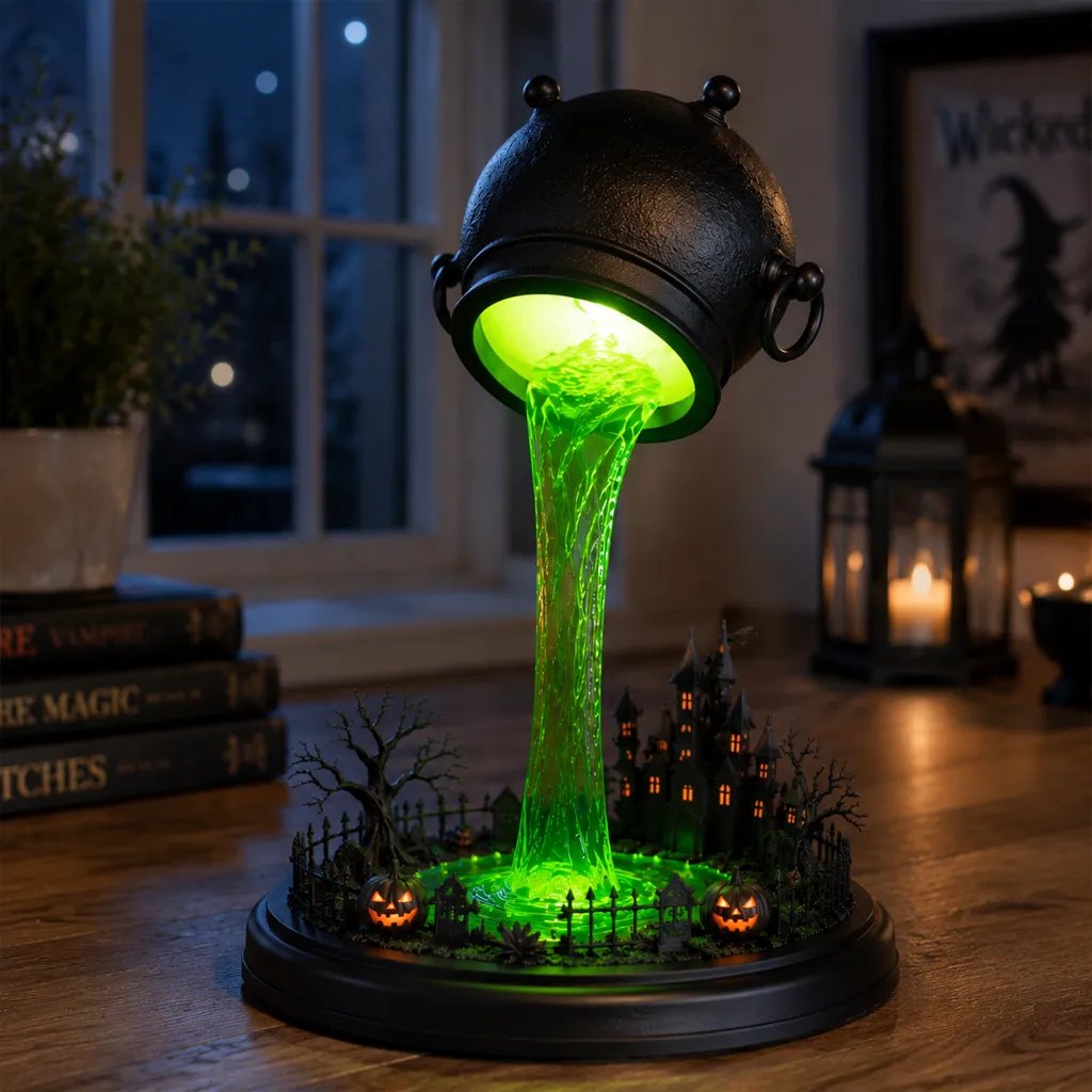 🔥 LAST DAY 49% OFF – 🧙‍♀️ Glowing Witch Cauldron Desk Lamp | Spilling Green Magic Light with Haunted Castle, Pumpkins & Gothic Halloween Vibes 🧪✨