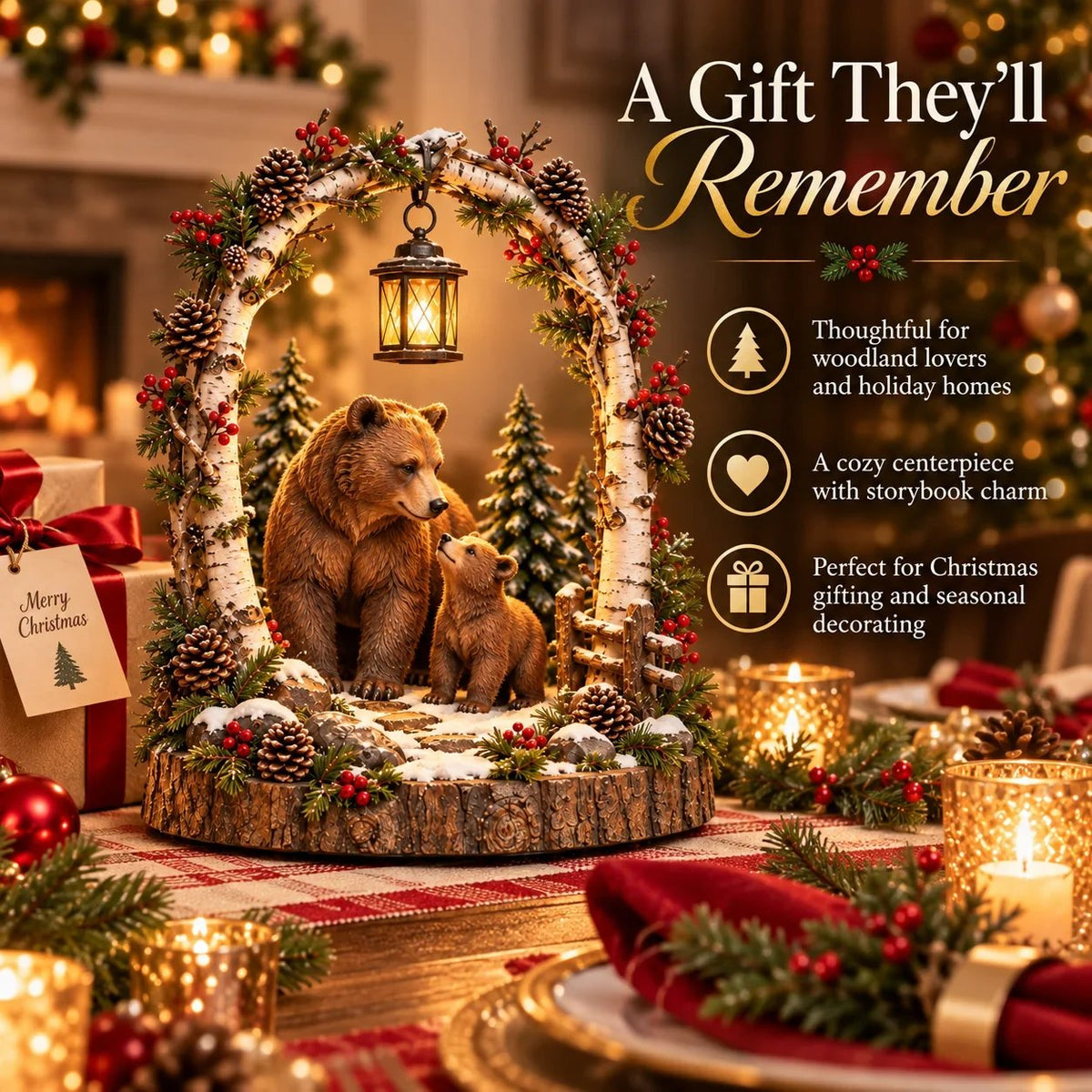 📍🔥50% OFF - 🐻Woodland Bear Family Lantern – Lighted Christmas Forest Tabletop Decor 🎄
