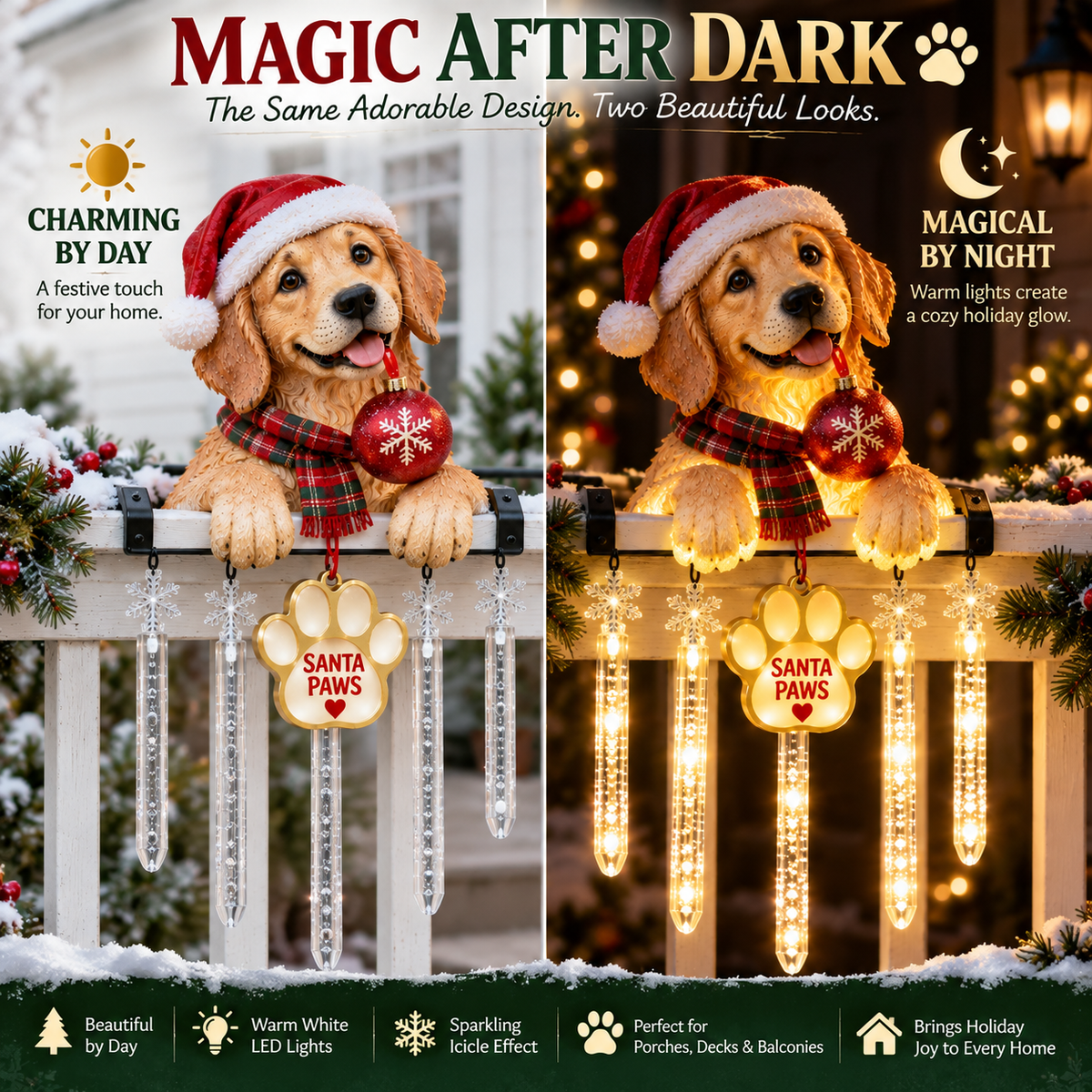 Santa Paws Christmas decoration day and night comparison