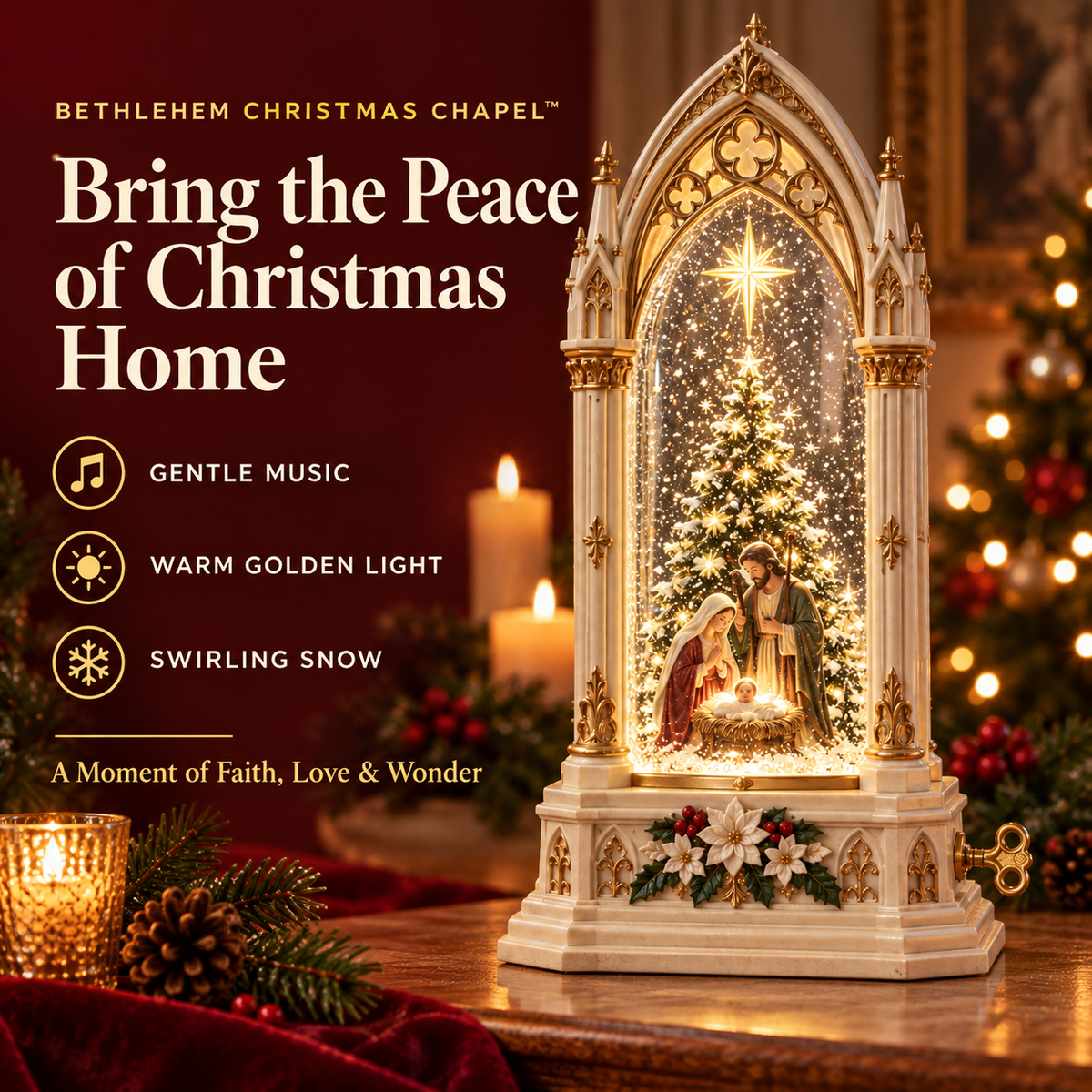 🎄 Christmas Hot Sale ✨ Bethlehem Christmas Chapel™ – Lighted Musical Snowfall Keepsake