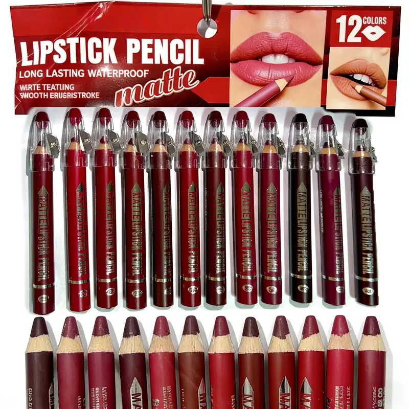 12Pcs Matte Lip Liner With Sharpener Set Waterproof Smudgeproof Precise Contour Lipstick Pens 🖌️